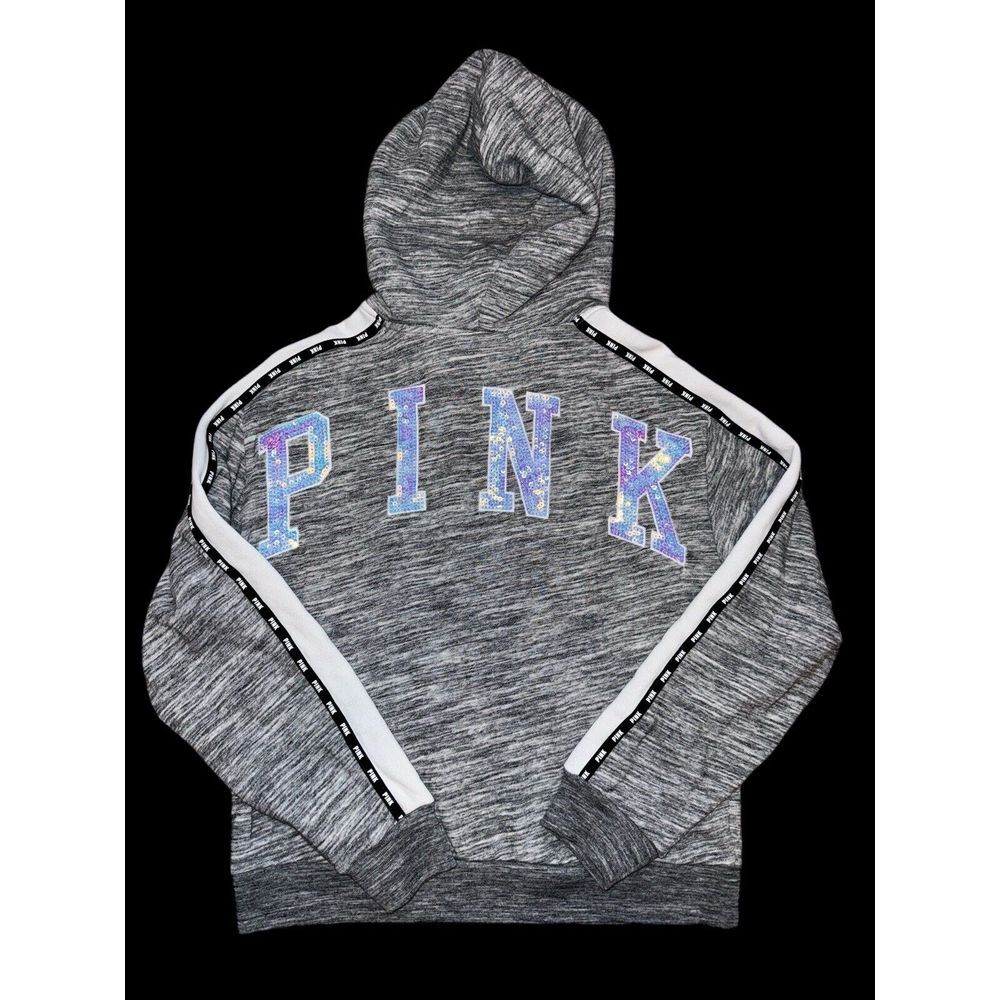Victoria's Secret Pink Marl Gray Lilac Bling Spell Out Fleece Hood Sweatshirt SM